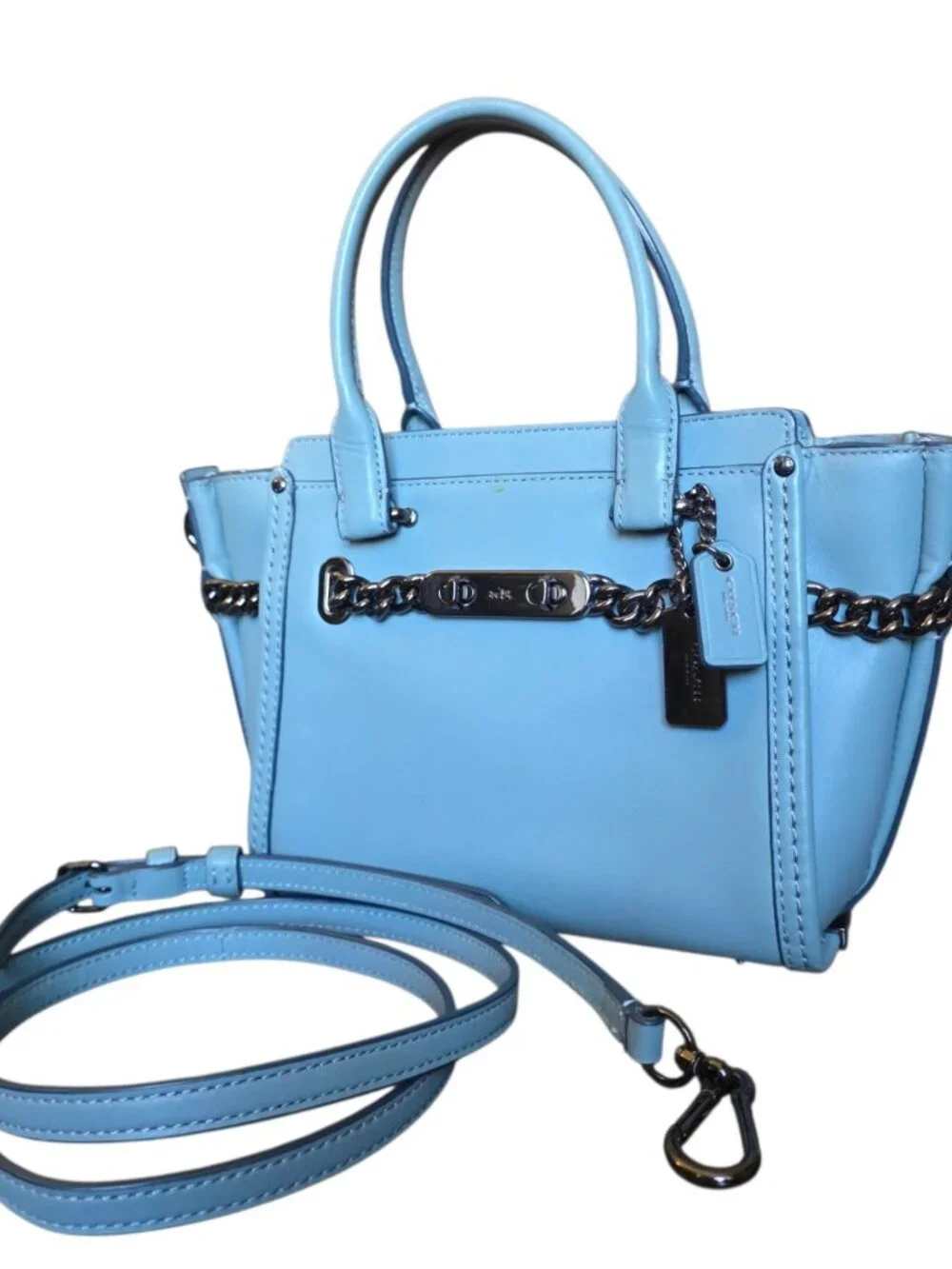 Coach Swagger 27 Cloud Blue Glovetanned Leather Satchel Chain Bag 59542 AUTH - Picture 4 of 16